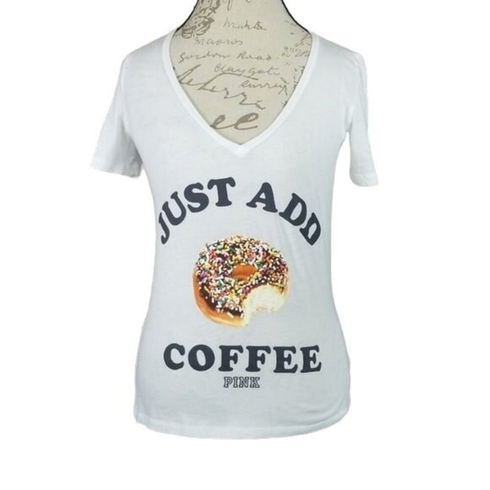 PINK Victoria's Secret Just Add Coffee White V-Neck T-shirt